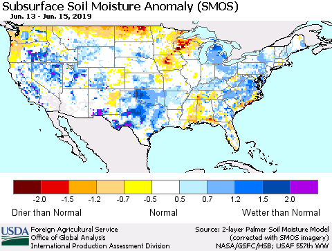 United States Subsurface Soil Moisture Anomaly (SMOS) Thematic Map For 6/10/2019 - 6/16/2019