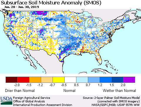 United States Subsurface Soil Moisture Anomaly (SMOS) Thematic Map For 6/24/2019 - 6/30/2019