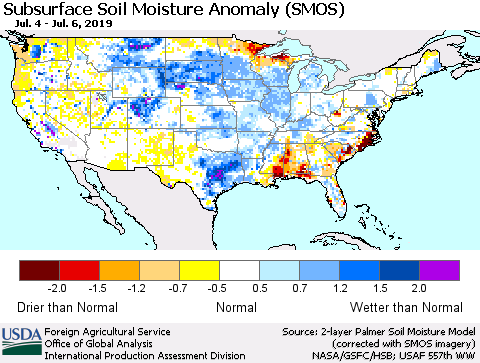 United States Subsurface Soil Moisture Anomaly (SMOS) Thematic Map For 7/1/2019 - 7/7/2019