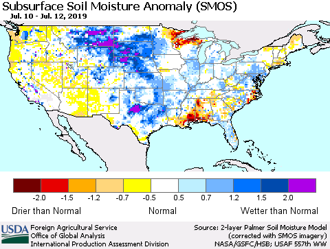 United States Subsurface Soil Moisture Anomaly (SMOS) Thematic Map For 7/8/2019 - 7/14/2019