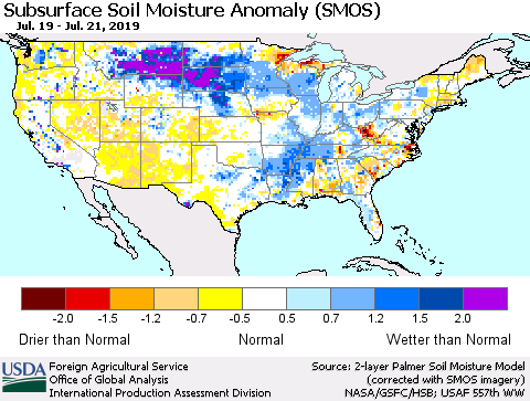 United States Subsurface Soil Moisture Anomaly (SMOS) Thematic Map For 7/15/2019 - 7/21/2019