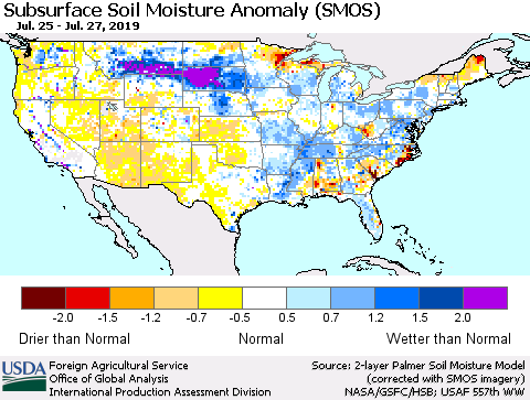 United States Subsurface Soil Moisture Anomaly (SMOS) Thematic Map For 7/22/2019 - 7/28/2019