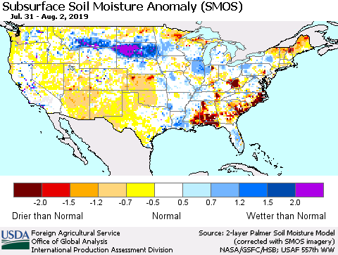 United States Subsurface Soil Moisture Anomaly (SMOS) Thematic Map For 7/29/2019 - 8/4/2019