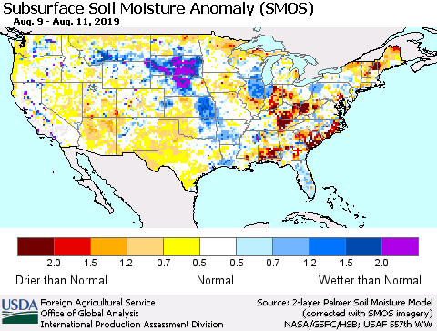 United States Subsurface Soil Moisture Anomaly (SMOS) Thematic Map For 8/5/2019 - 8/11/2019