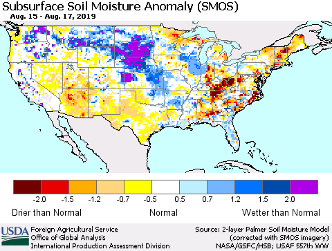 United States Subsurface Soil Moisture Anomaly (SMOS) Thematic Map For 8/12/2019 - 8/18/2019