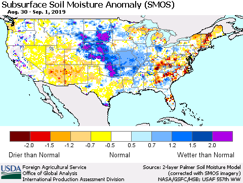 United States Subsurface Soil Moisture Anomaly (SMOS) Thematic Map For 8/26/2019 - 9/1/2019