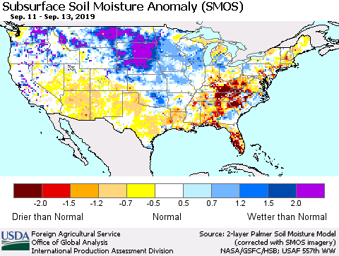 United States Subsurface Soil Moisture Anomaly (SMOS) Thematic Map For 9/9/2019 - 9/15/2019