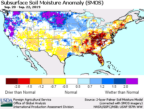 United States Subsurface Soil Moisture Anomaly (SMOS) Thematic Map For 9/16/2019 - 9/22/2019