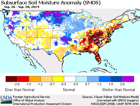 United States Subsurface Soil Moisture Anomaly (SMOS) Thematic Map For 9/23/2019 - 9/29/2019