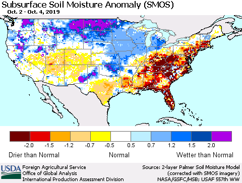 United States Subsurface Soil Moisture Anomaly (SMOS) Thematic Map For 9/30/2019 - 10/6/2019