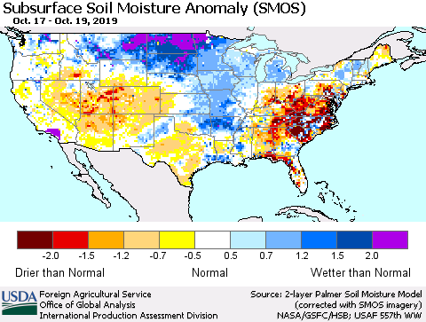 United States Subsurface Soil Moisture Anomaly (SMOS) Thematic Map For 10/14/2019 - 10/20/2019