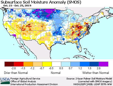 United States Subsurface Soil Moisture Anomaly (SMOS) Thematic Map For 10/21/2019 - 10/27/2019