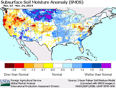 United States Subsurface Soil Moisture Anomaly (SMOS) Thematic Map For 11/18/2019 - 11/24/2019