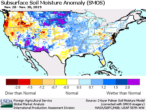United States Subsurface Soil Moisture Anomaly (SMOS) Thematic Map For 11/25/2019 - 12/1/2019