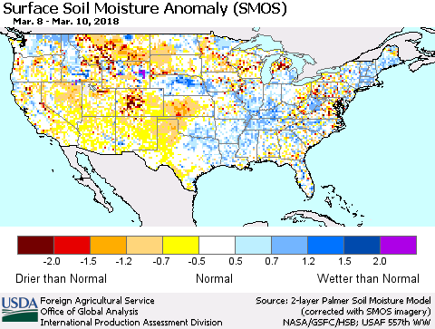 United States Surface Soil Moisture Anomaly (SMOS) Thematic Map For 3/5/2018 - 3/11/2018