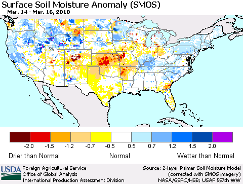 United States Surface Soil Moisture Anomaly (SMOS) Thematic Map For 3/12/2018 - 3/18/2018