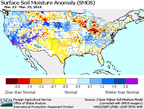 United States Surface Soil Moisture Anomaly (SMOS) Thematic Map For 3/19/2018 - 3/25/2018