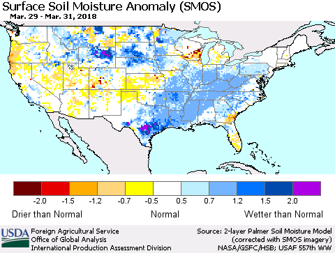 United States Surface Soil Moisture Anomaly (SMOS) Thematic Map For 3/26/2018 - 4/1/2018