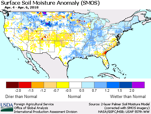 United States Surface Soil Moisture Anomaly (SMOS) Thematic Map For 4/2/2018 - 4/8/2018