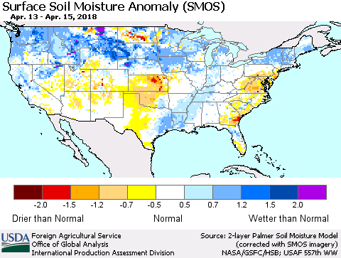 United States Surface Soil Moisture Anomaly (SMOS) Thematic Map For 4/9/2018 - 4/15/2018