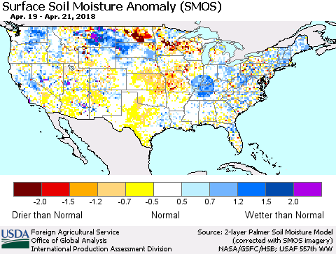 United States Surface Soil Moisture Anomaly (SMOS) Thematic Map For 4/16/2018 - 4/22/2018