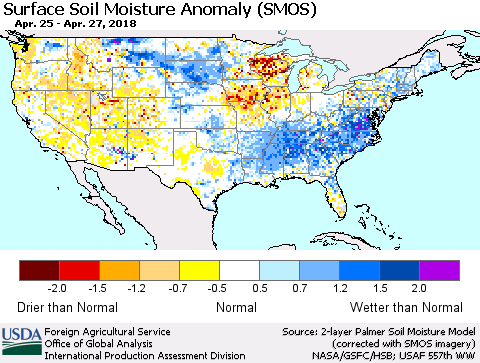 United States Surface Soil Moisture Anomaly (SMOS) Thematic Map For 4/23/2018 - 4/29/2018