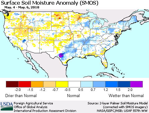 United States Surface Soil Moisture Anomaly (SMOS) Thematic Map For 4/30/2018 - 5/6/2018