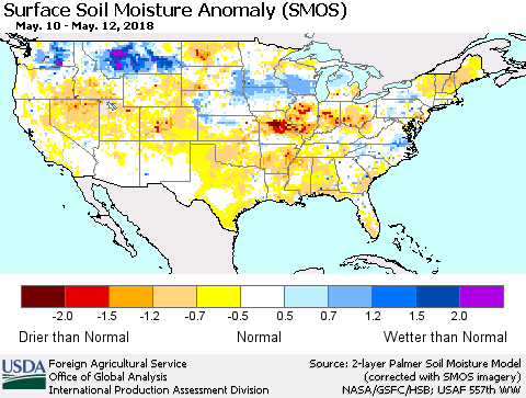 United States Surface Soil Moisture Anomaly (SMOS) Thematic Map For 5/7/2018 - 5/13/2018