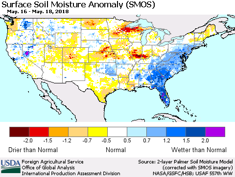 United States Surface Soil Moisture Anomaly (SMOS) Thematic Map For 5/14/2018 - 5/20/2018