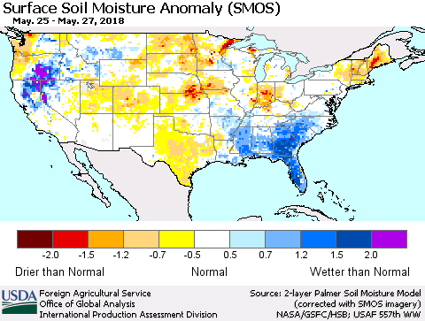 United States Surface Soil Moisture Anomaly (SMOS) Thematic Map For 5/21/2018 - 5/27/2018