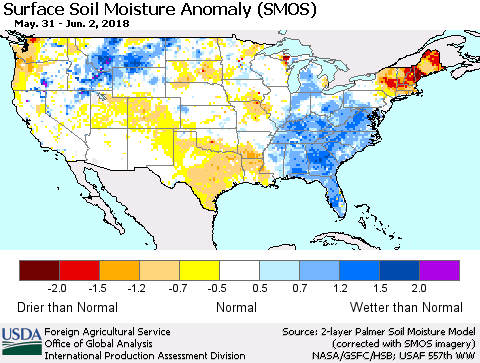 United States Surface Soil Moisture Anomaly (SMOS) Thematic Map For 5/28/2018 - 6/3/2018