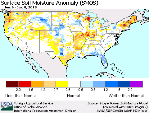 United States Surface Soil Moisture Anomaly (SMOS) Thematic Map For 6/4/2018 - 6/10/2018