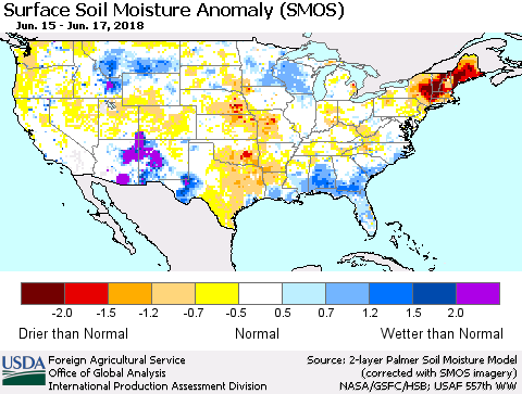 United States Surface Soil Moisture Anomaly (SMOS) Thematic Map For 6/11/2018 - 6/17/2018