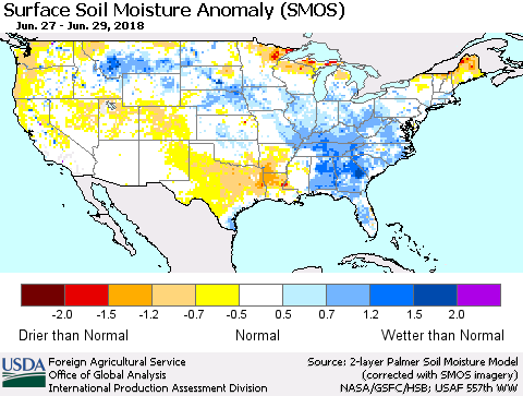 United States Surface Soil Moisture Anomaly (SMOS) Thematic Map For 6/25/2018 - 7/1/2018