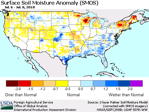 United States Surface Soil Moisture Anomaly (SMOS) Thematic Map For 7/2/2018 - 7/8/2018