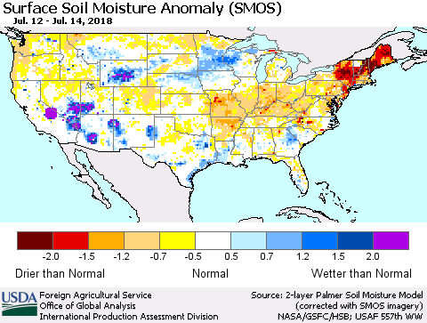 United States Surface Soil Moisture Anomaly (SMOS) Thematic Map For 7/9/2018 - 7/15/2018