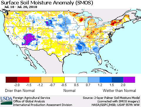 United States Surface Soil Moisture Anomaly (SMOS) Thematic Map For 7/16/2018 - 7/22/2018