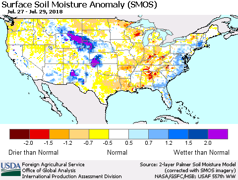 United States Surface Soil Moisture Anomaly (SMOS) Thematic Map For 7/23/2018 - 7/29/2018