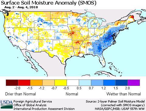 United States Surface Soil Moisture Anomaly (SMOS) Thematic Map For 7/30/2018 - 8/5/2018