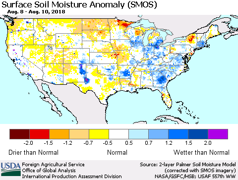 United States Surface Soil Moisture Anomaly (SMOS) Thematic Map For 8/6/2018 - 8/12/2018
