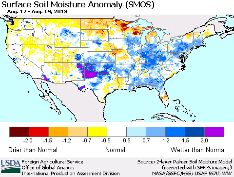 United States Surface Soil Moisture Anomaly (SMOS) Thematic Map For 8/13/2018 - 8/19/2018