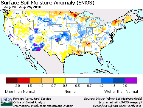 United States Surface Soil Moisture Anomaly (SMOS) Thematic Map For 8/20/2018 - 8/26/2018