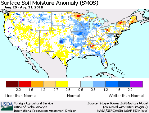 United States Surface Soil Moisture Anomaly (SMOS) Thematic Map For 8/27/2018 - 9/2/2018