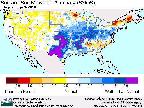 United States Surface Soil Moisture Anomaly (SMOS) Thematic Map For 9/3/2018 - 9/9/2018