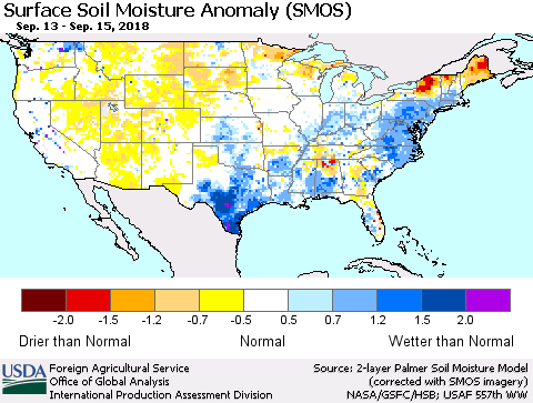 United States Surface Soil Moisture Anomaly (SMOS) Thematic Map For 9/10/2018 - 9/16/2018