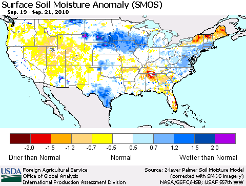 United States Surface Soil Moisture Anomaly (SMOS) Thematic Map For 9/17/2018 - 9/23/2018
