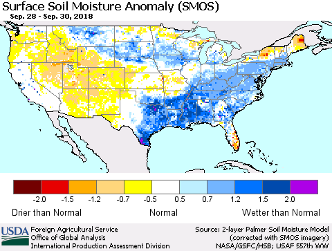 United States Surface Soil Moisture Anomaly (SMOS) Thematic Map For 9/24/2018 - 9/30/2018
