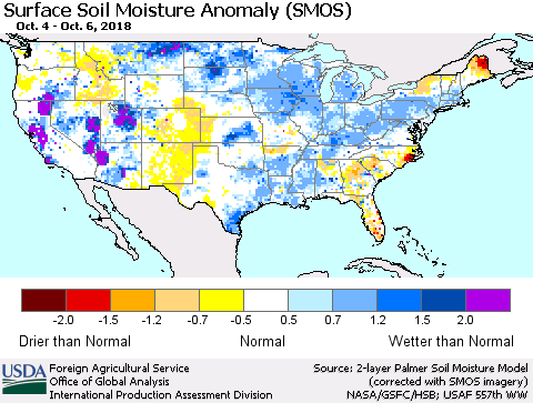 United States Surface Soil Moisture Anomaly (SMOS) Thematic Map For 10/1/2018 - 10/7/2018
