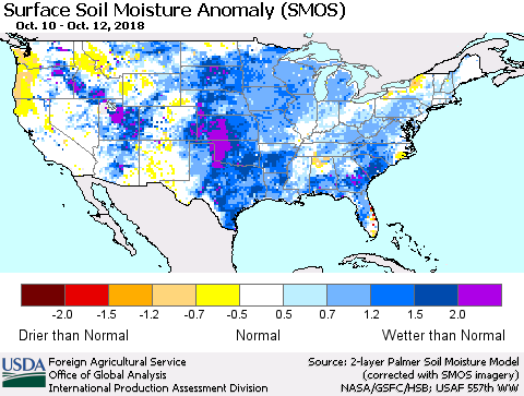 United States Surface Soil Moisture Anomaly (SMOS) Thematic Map For 10/8/2018 - 10/14/2018