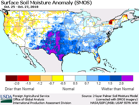 United States Surface Soil Moisture Anomaly (SMOS) Thematic Map For 10/22/2018 - 10/28/2018